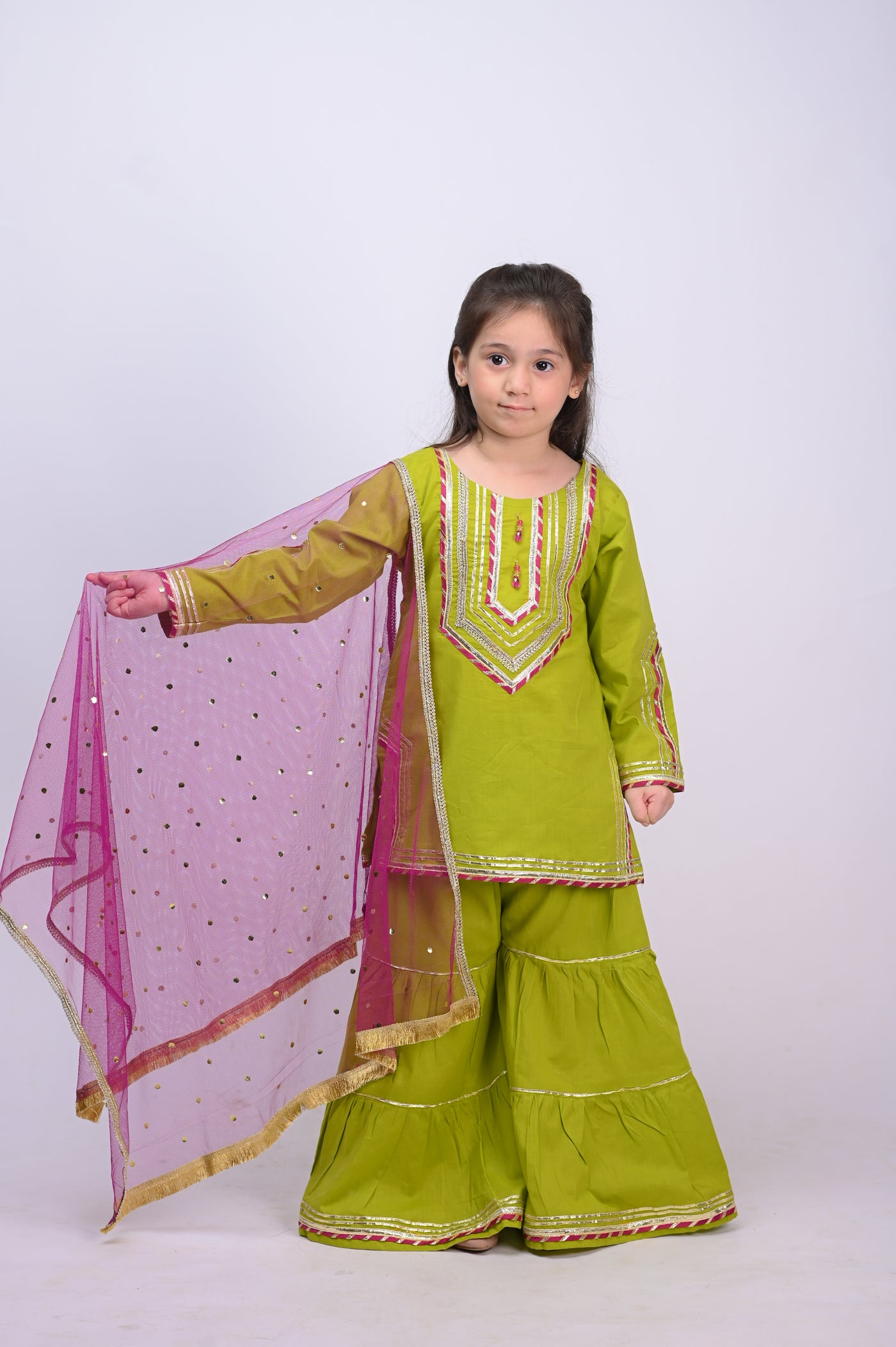 3 piece Dhani (Green) Cotton Gharara Suit with Magenta Chan net Dupatta & Laces.(Stitch)