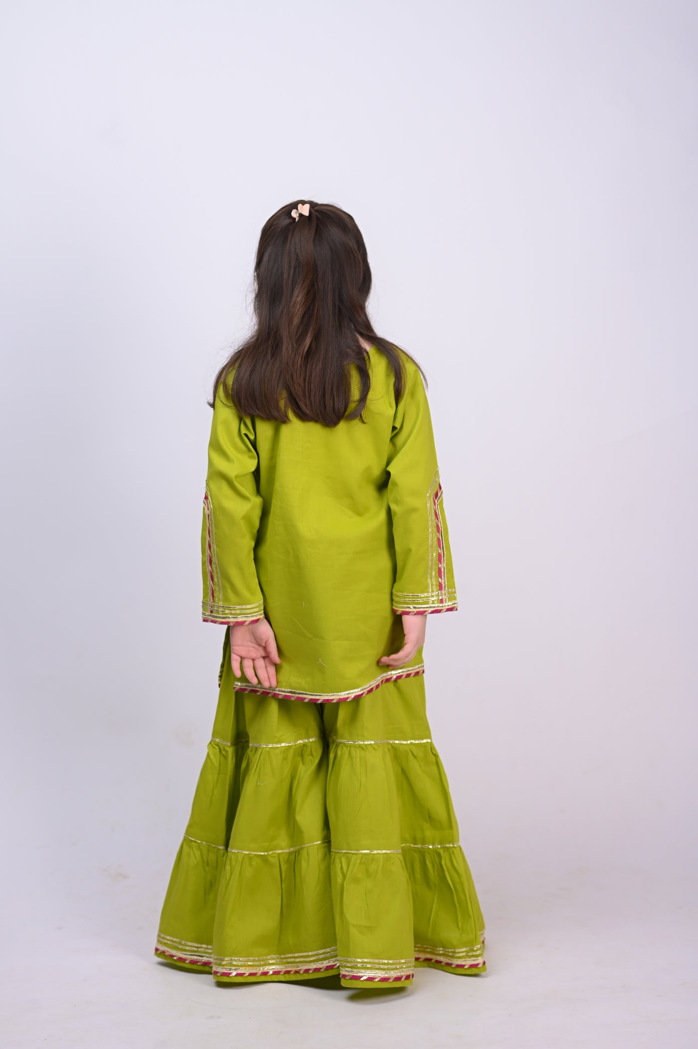 3 piece Dhani (Green) Cotton Gharara Suit with Magenta Chan net Dupatta & Laces.(Stitch)