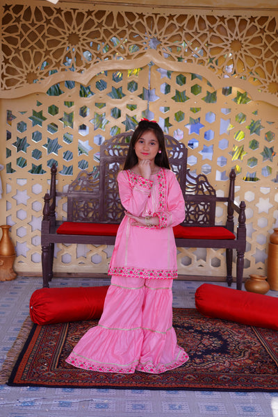 3 piece Baby Pink Embroidered Cotton Gharara Suit with Shocking Pink Chiffon Dupatta & Laces(Stitch)