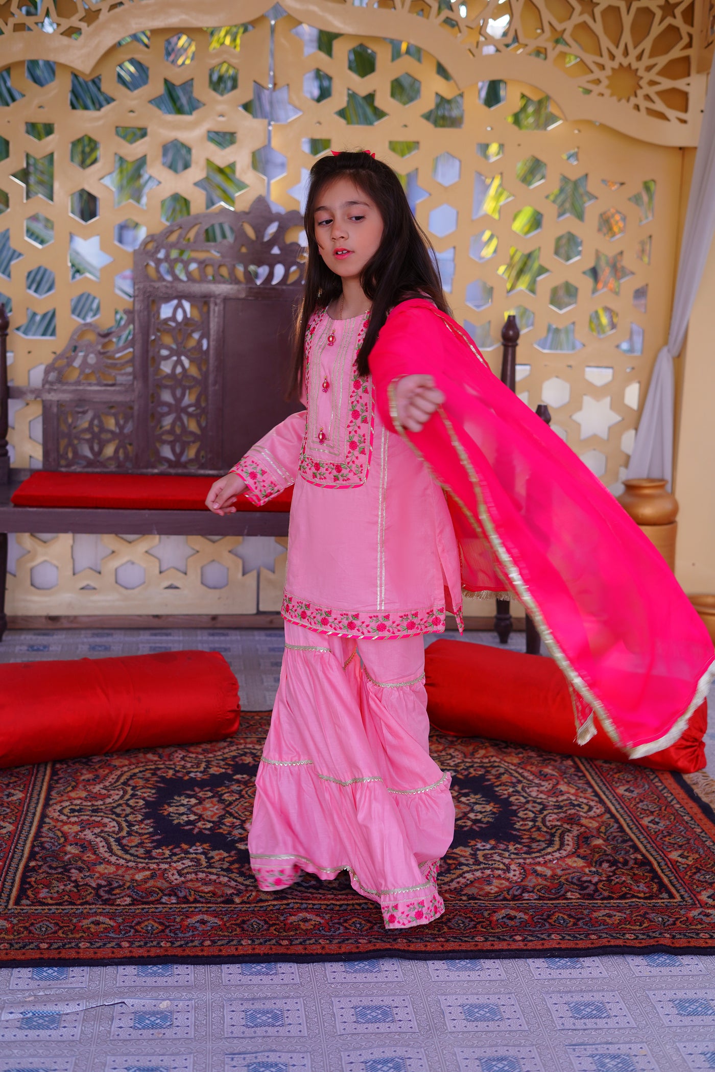 3 piece Baby Pink Embroidered Cotton Gharara Suit with Shocking Pink Chiffon Dupatta & Laces(Stitch)