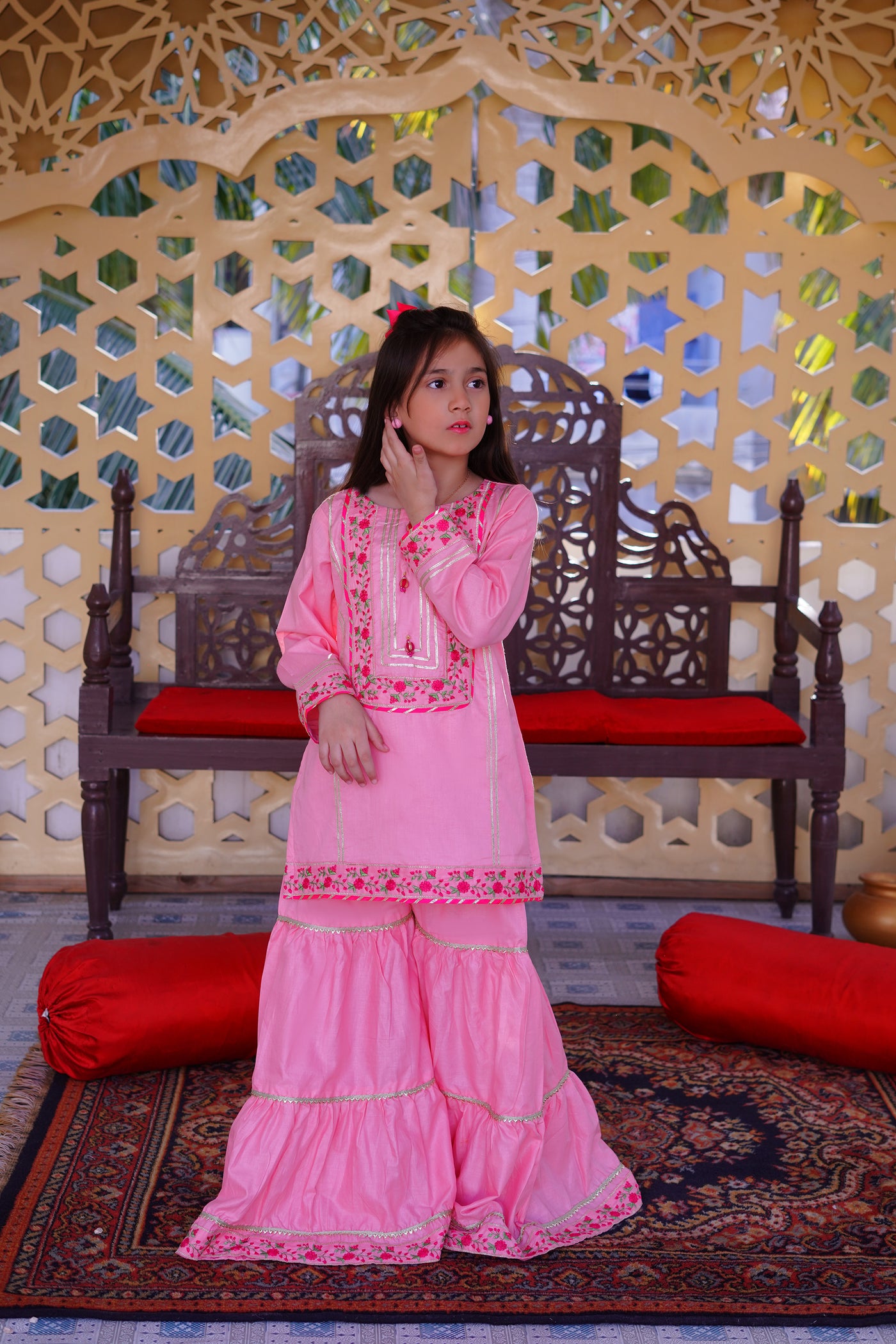 3 piece Baby Pink Embroidered Cotton Gharara Suit with Shocking Pink Chiffon Dupatta & Laces(Stitch)