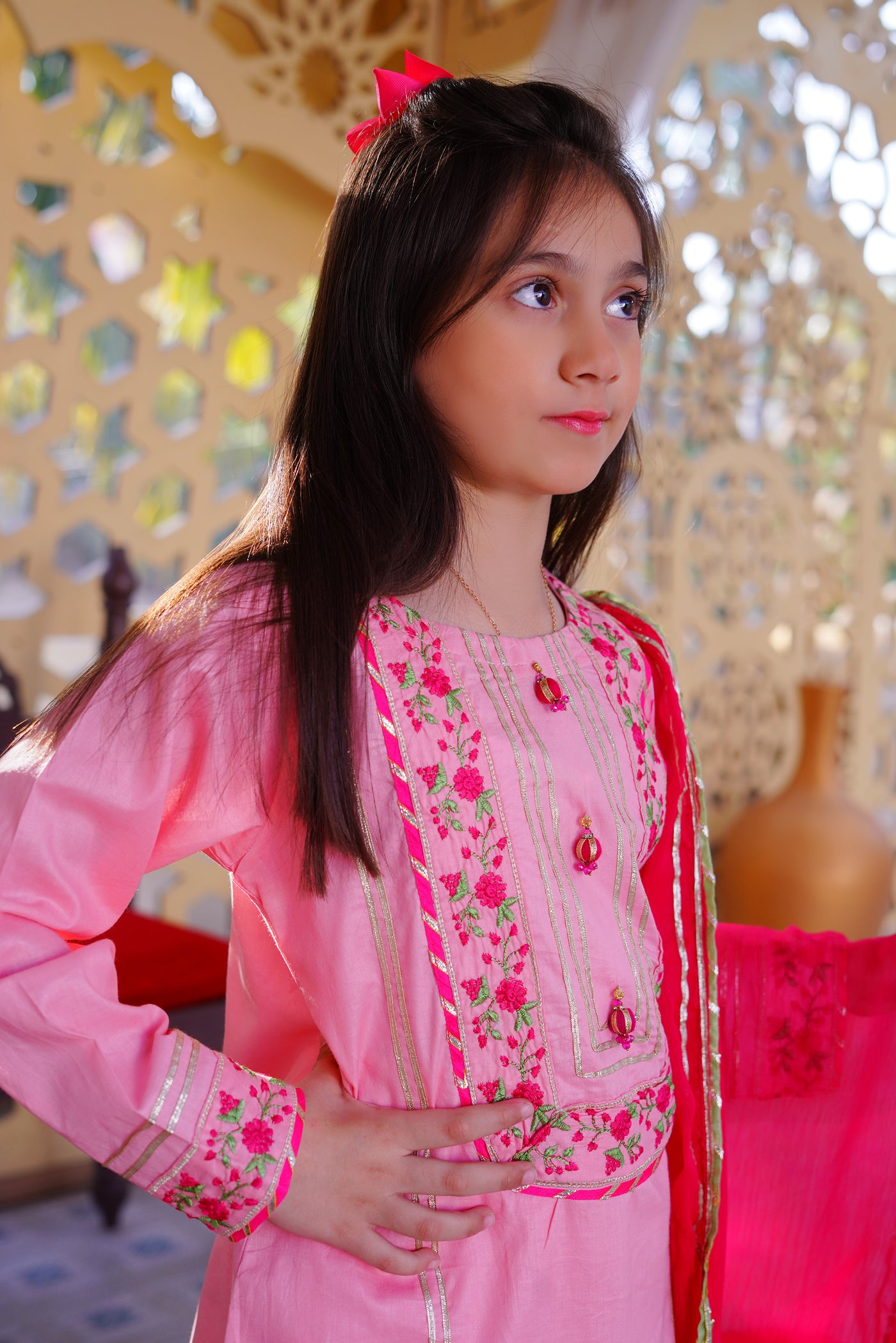 3 piece Baby Pink Embroidered Cotton Gharara Suit with Shocking Pink Chiffon Dupatta & Laces(Stitch)