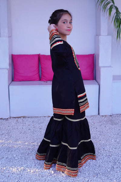 3 piece Beautiful BLACK JET Cotton Gharara Suit with Red net Dupatta & Laces.(Stitch)