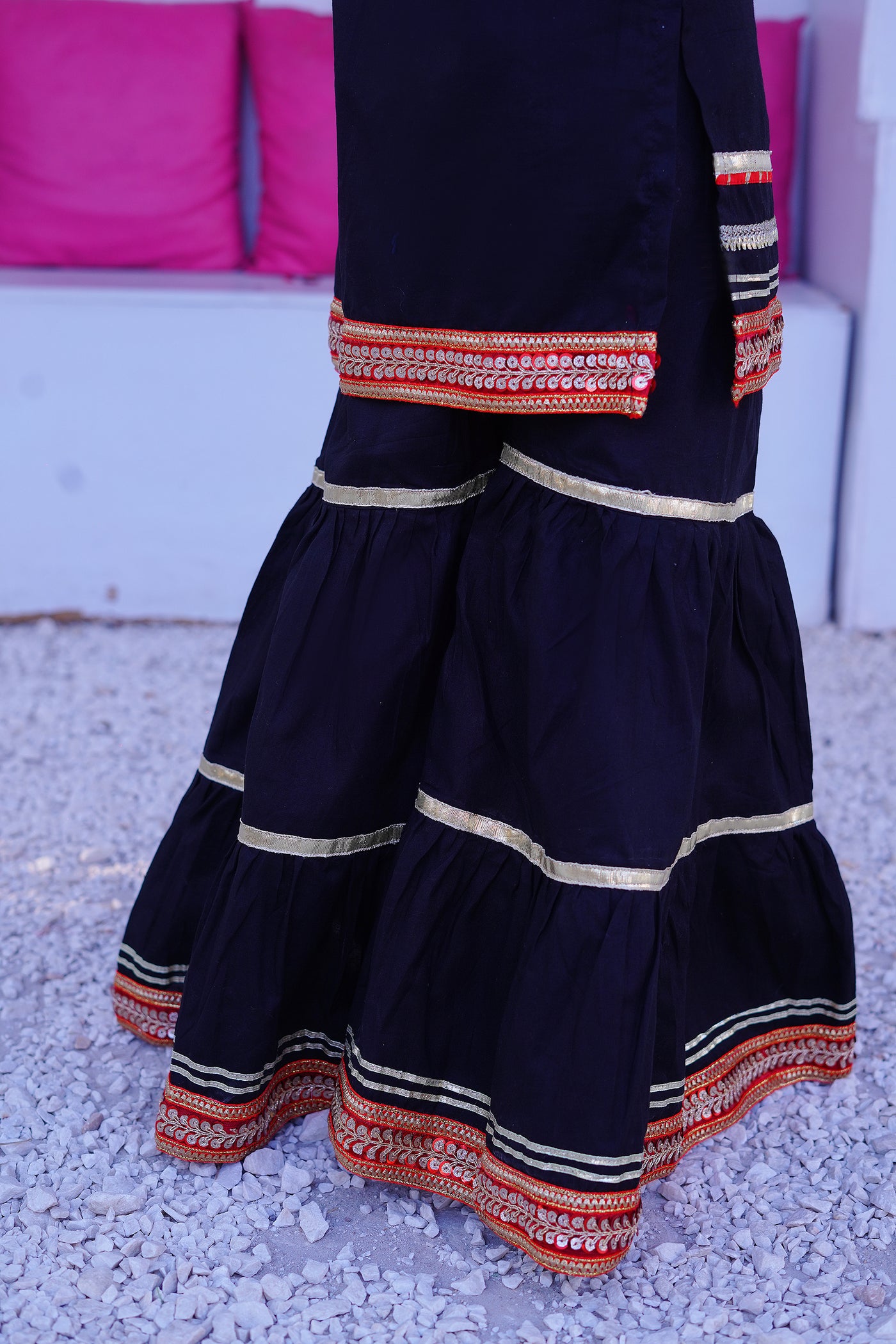 3 piece Beautiful BLACK JET Cotton Gharara Suit with Red net Dupatta & Laces.(Stitch)