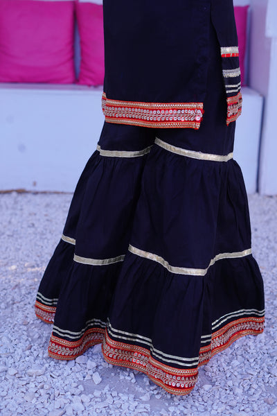 3 piece Beautiful BLACK JET Cotton Gharara Suit with Red net Dupatta & Laces.(Stitch)