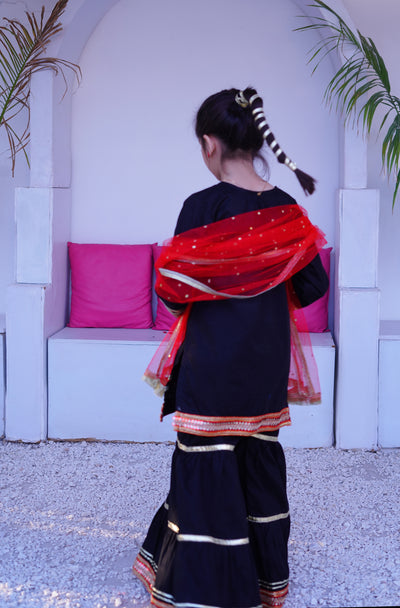 3 piece Beautiful BLACK JET Cotton Gharara Suit with Red net Dupatta & Laces.(Stitch)