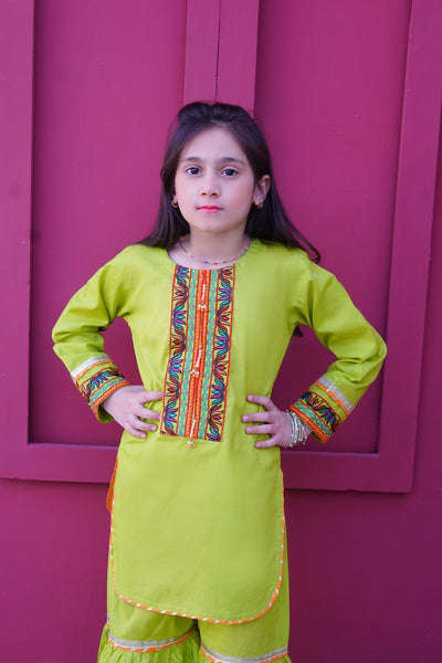 3 piece Dhani(Green) Embroidered Cotton Gharara Suit with Orange Chiffon Dupatta & Laces.(Stitch)