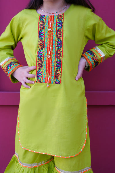 3 piece Dhani(Green) Embroidered Cotton Gharara Suit with Orange Chiffon Dupatta & Laces.(Stitch)