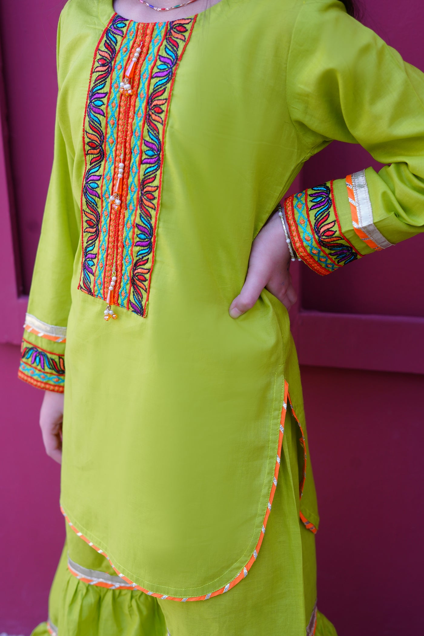 3 piece Dhani(Green) Embroidered Cotton Gharara Suit with Orange Chiffon Dupatta & Laces.(Stitch)