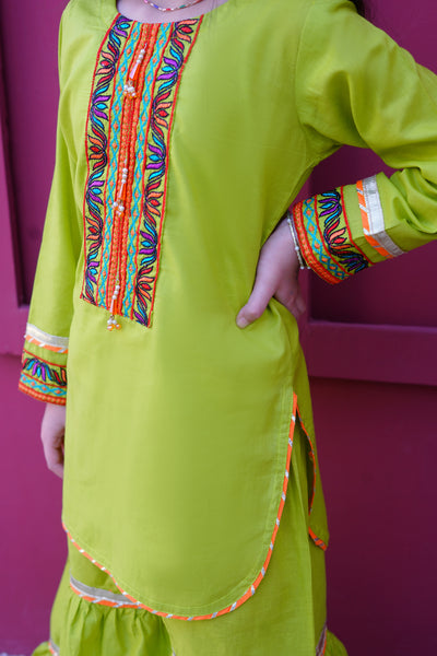 3 piece Dhani(Green) Embroidered Cotton Gharara Suit with Orange Chiffon Dupatta & Laces.(Stitch)