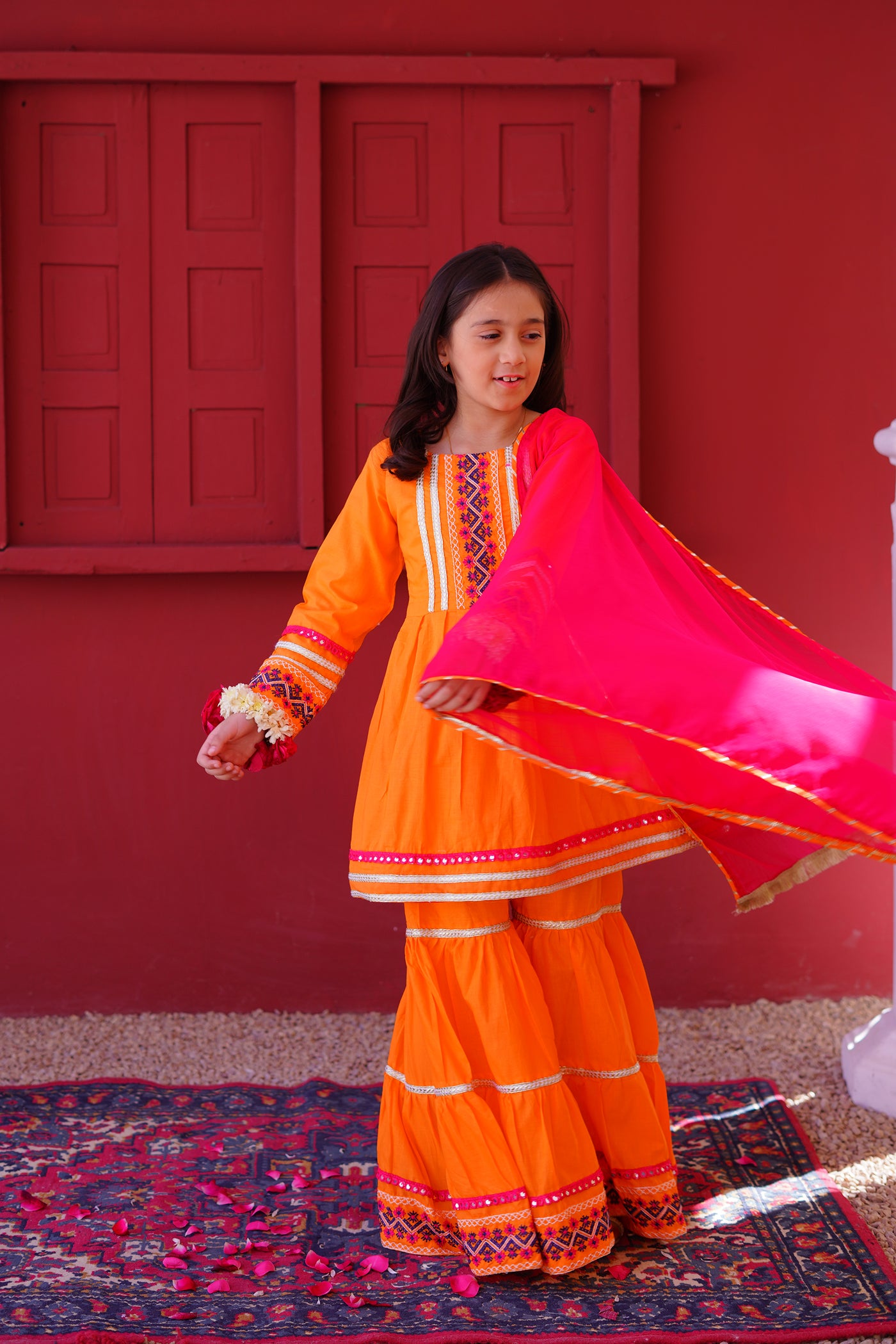 3 piece Orange Embroidered Cotton Peplum Frock Gharara Suit with Shocking Pink Chiffon Dupatta & Laces.(Stitch)