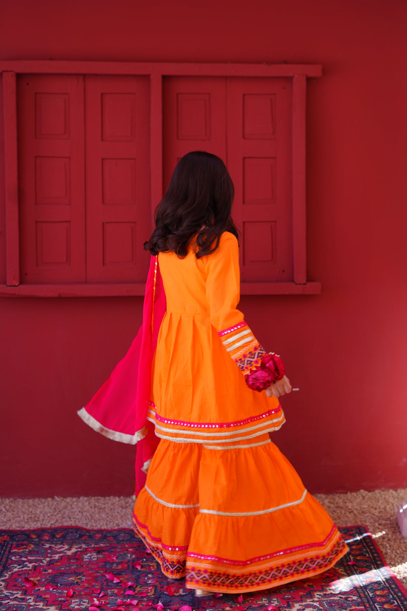 3 piece Orange Embroidered Cotton Peplum Frock Gharara Suit with Shocking Pink Chiffon Dupatta & Laces.(Stitch)