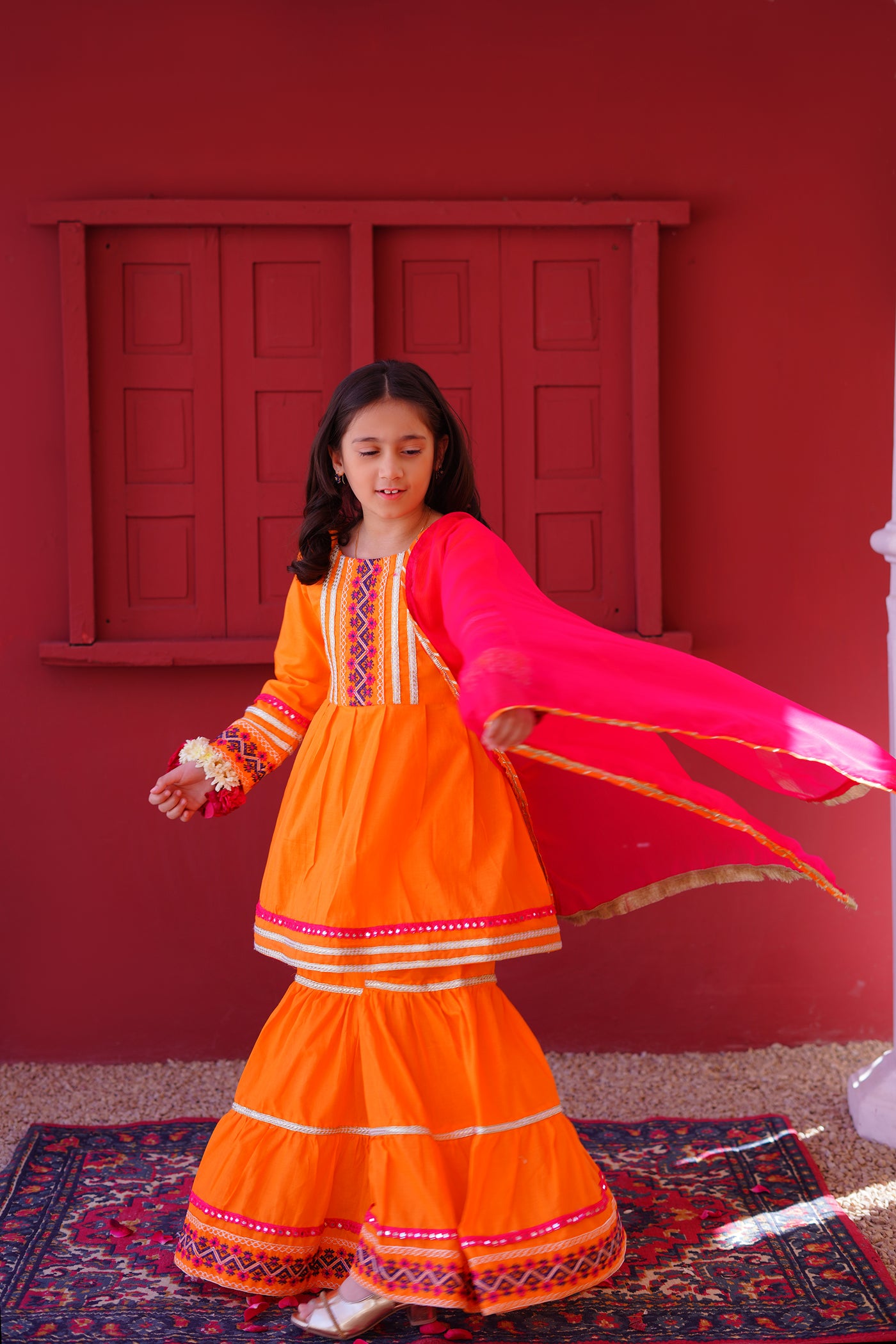 3 piece Orange Embroidered Cotton Peplum Frock Gharara Suit with Shocking Pink Chiffon Dupatta & Laces.(Stitch)