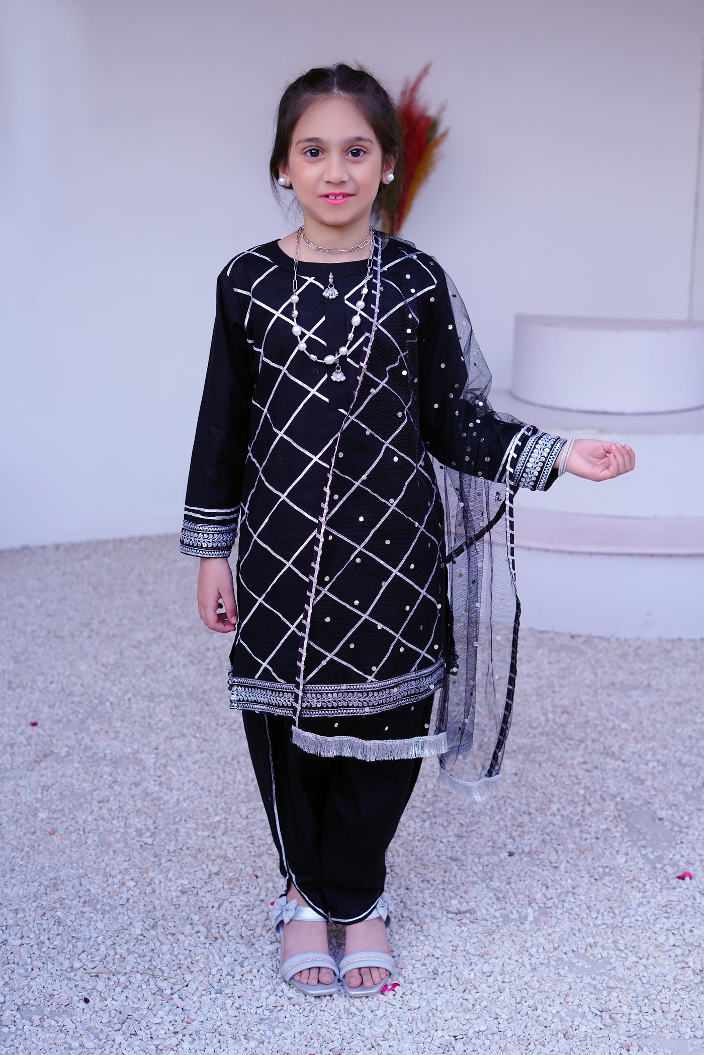3 piece BLACK JET Cotton Tulip Suit with Black Silver net Dupatta & Silver Laces.(Stitch)