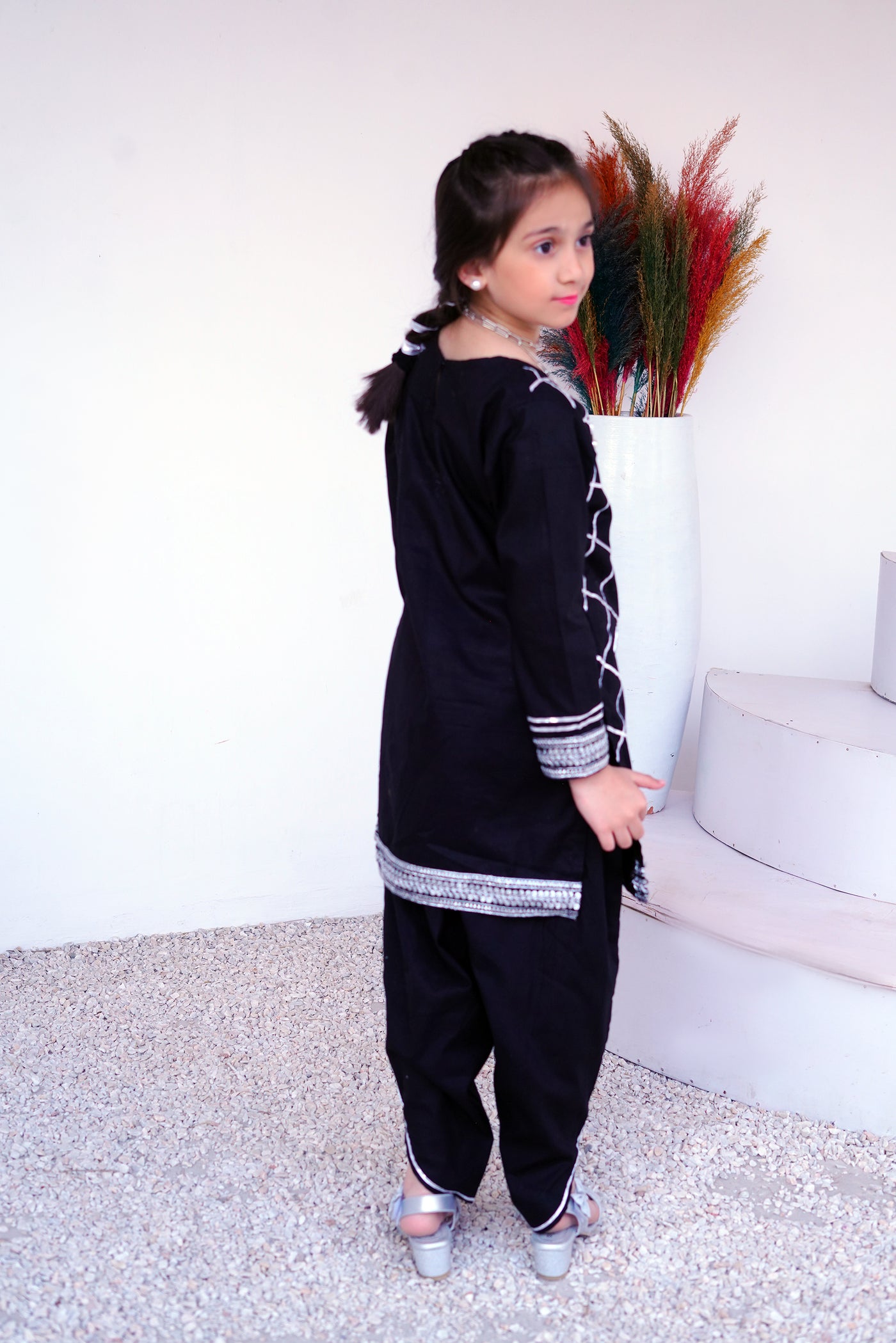3 piece BLACK JET Cotton Tulip Suit with Black Silver net Dupatta & Silver Laces.(Stitch)