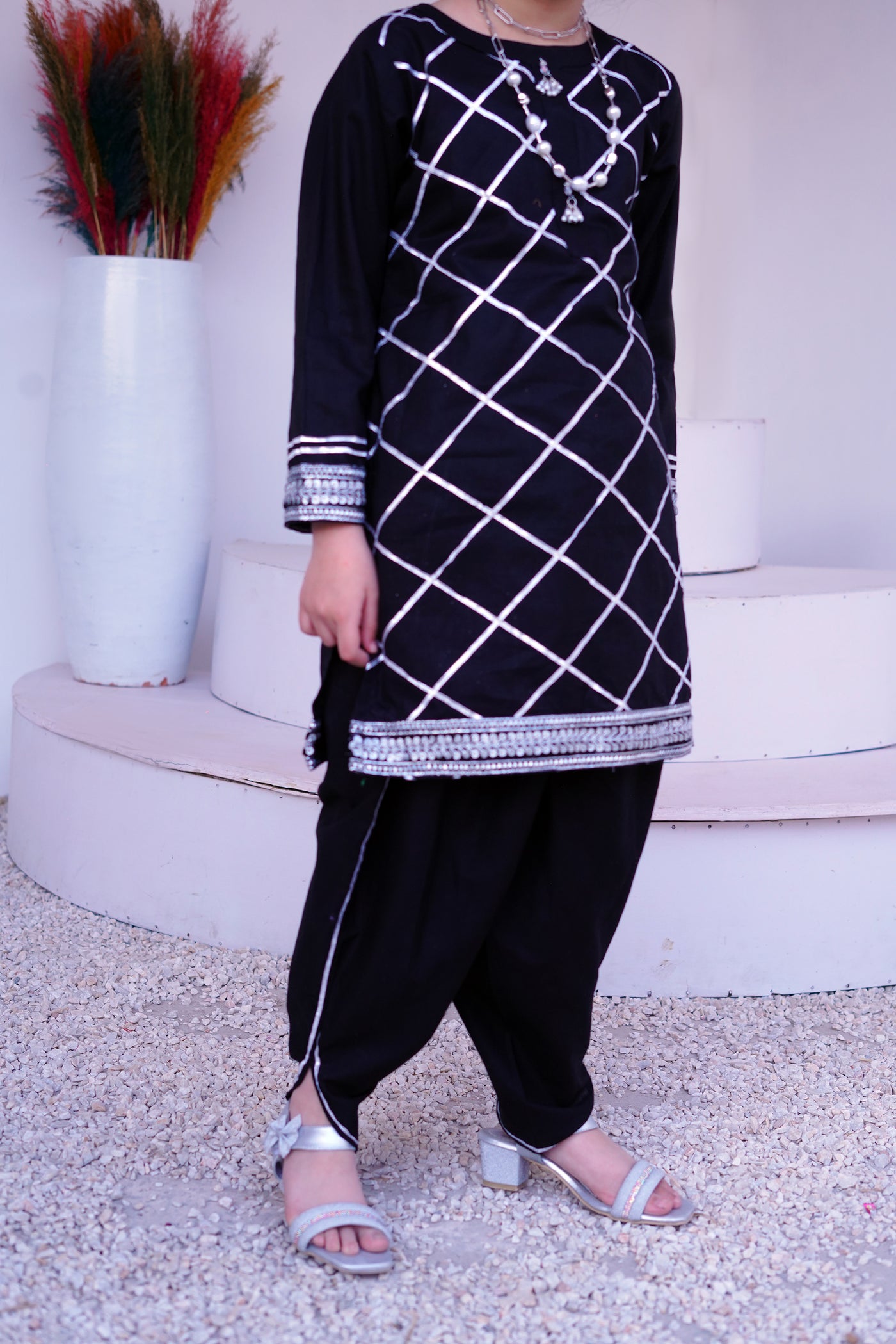3 piece BLACK JET Cotton Tulip Suit with Black Silver net Dupatta & Silver Laces.(Stitch)