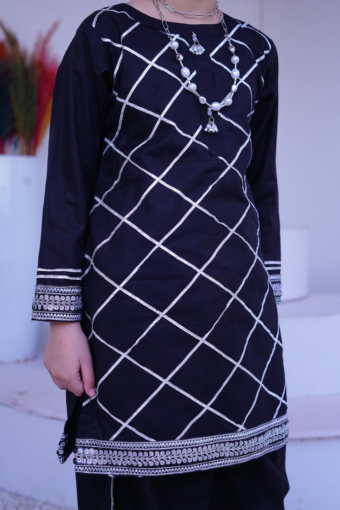 3 piece BLACK JET Cotton Tulip Suit with Black Silver net Dupatta & Silver Laces.(Stitch)