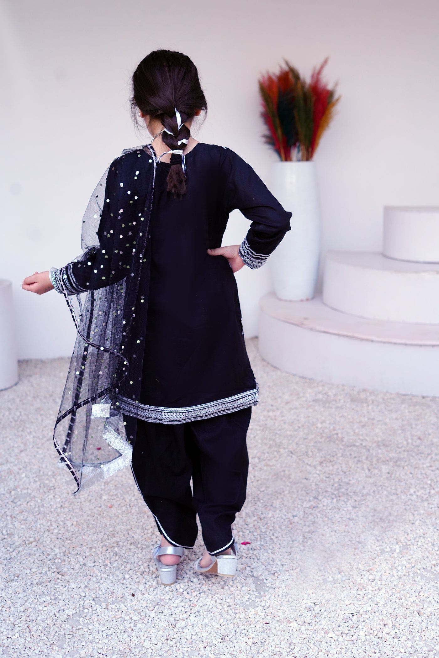 3 piece BLACK JET Cotton Tulip Suit with Black Silver net Dupatta & Silver Laces.(Stitch)