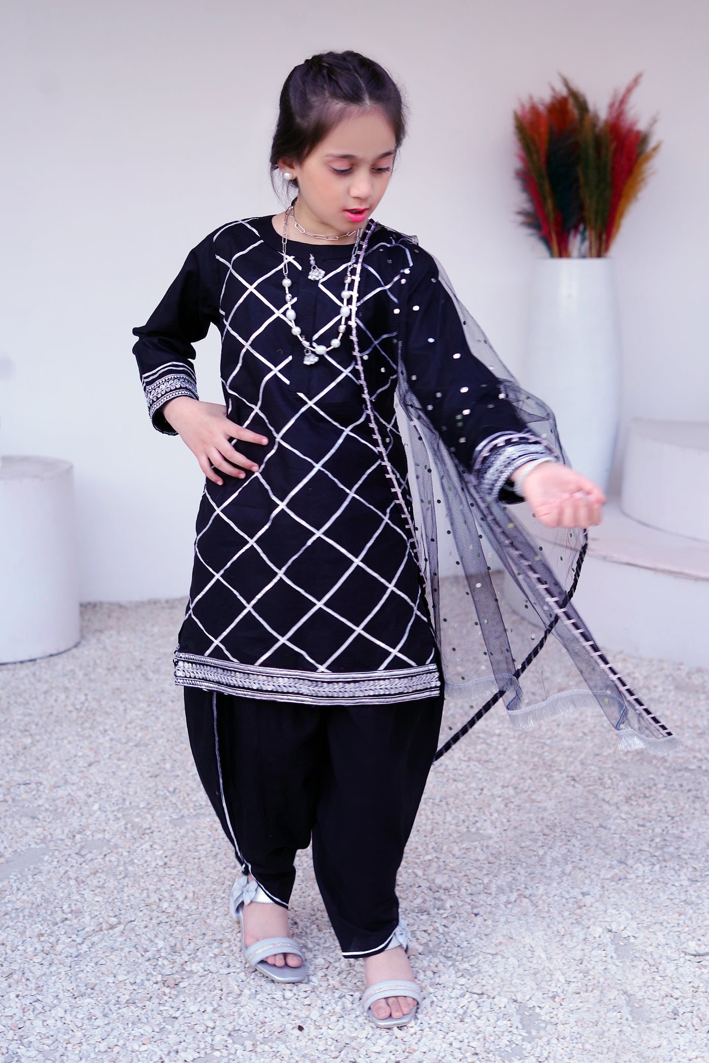 3 piece BLACK JET Cotton Tulip Suit with Black Silver net Dupatta & Silver Laces.(Stitch)