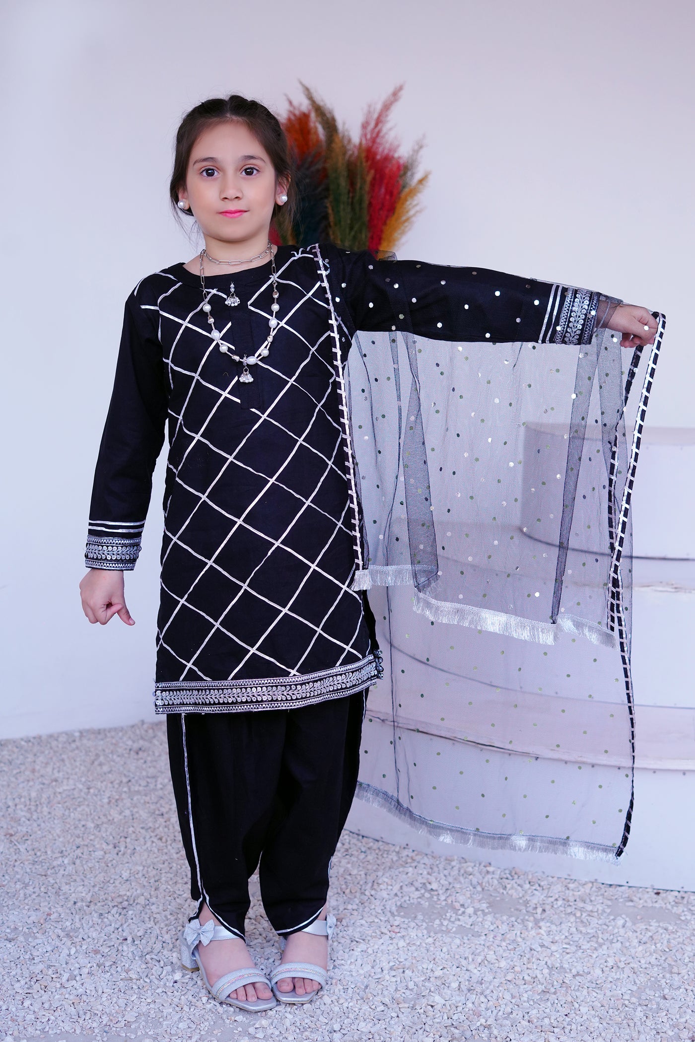 3 piece BLACK JET Cotton Tulip Suit with Black Silver net Dupatta & Silver Laces.(Stitch)