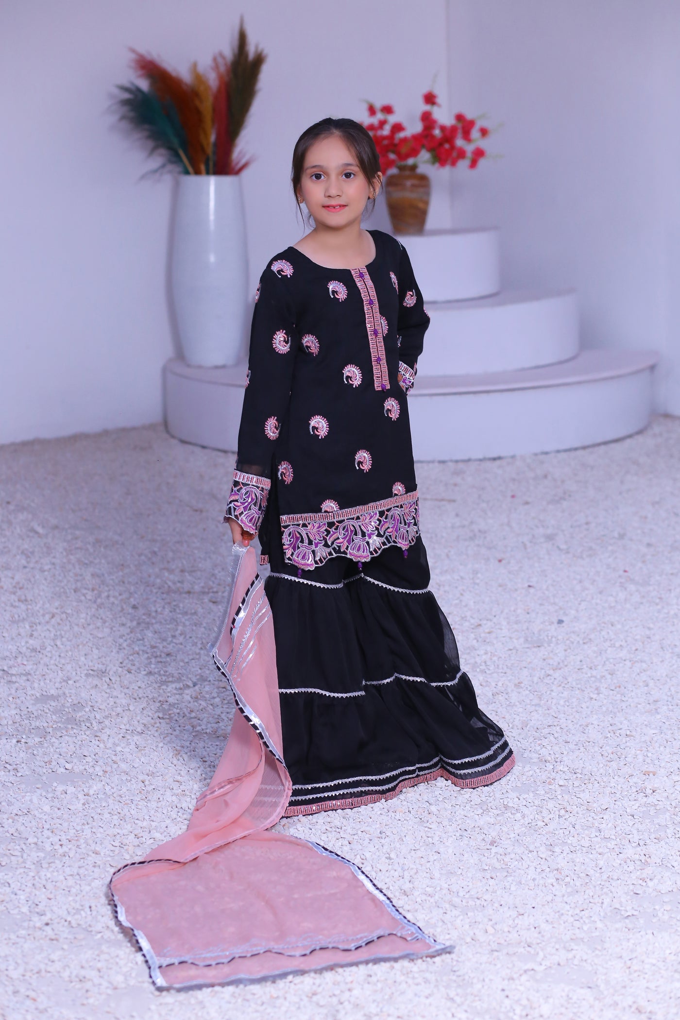 3 piece Black Embroidered Chiffon Gharara Suit with Baby Pink Chiffon Dupatta & Silver Laces.(Stitch)