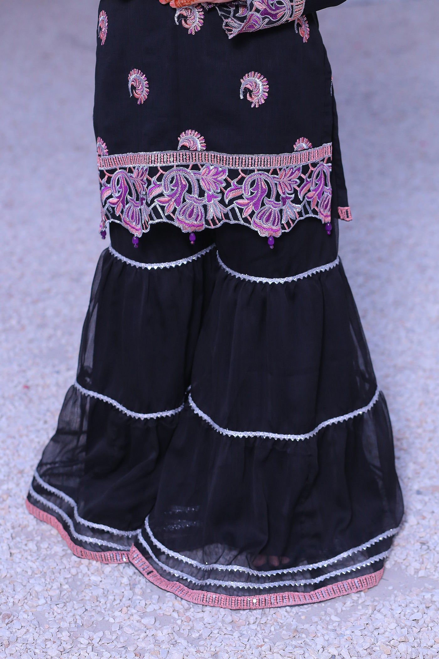 3 piece Black Embroidered Chiffon Gharara Suit with Baby Pink Chiffon Dupatta & Silver Laces.(Stitch)