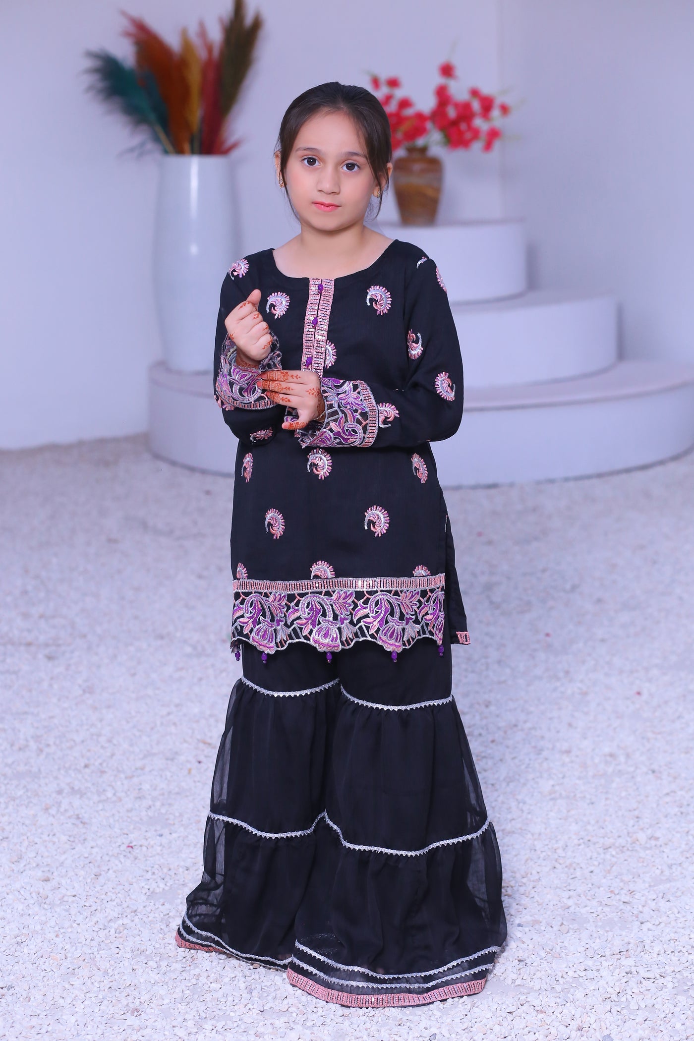 3 piece Black Embroidered Chiffon Gharara Suit with Baby Pink Chiffon Dupatta & Silver Laces.(Stitch)