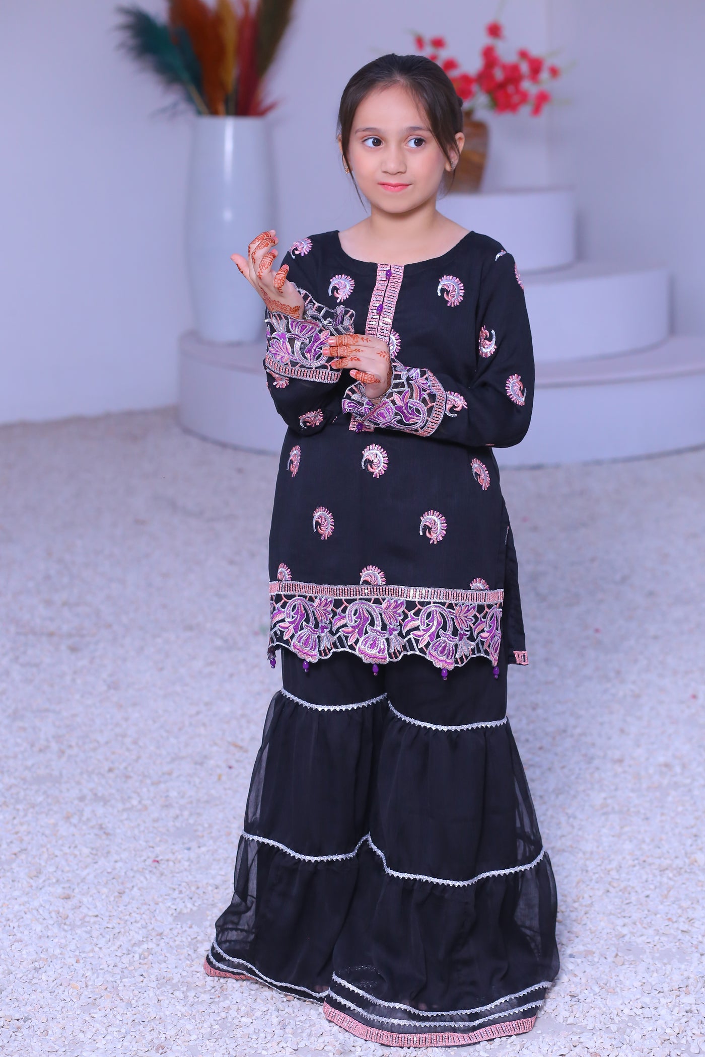 3 piece Black Embroidered Chiffon Gharara Suit with Baby Pink Chiffon Dupatta & Silver Laces.(Stitch)