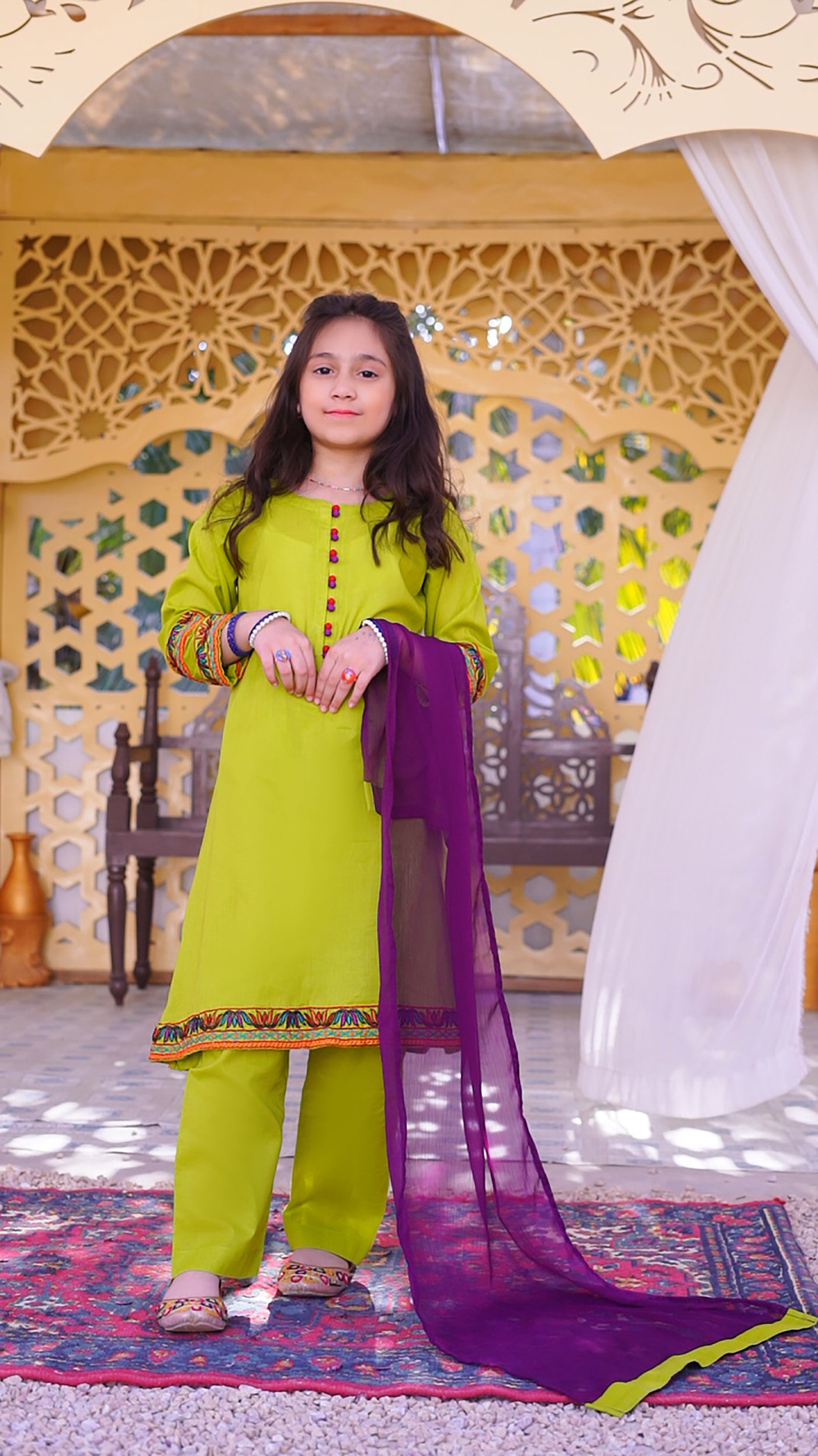 3 piece Dhani(Green) Embroidered Cotton Airline Frock Suit with Purple Chiffon Dupatta & Laces.(Stitch)