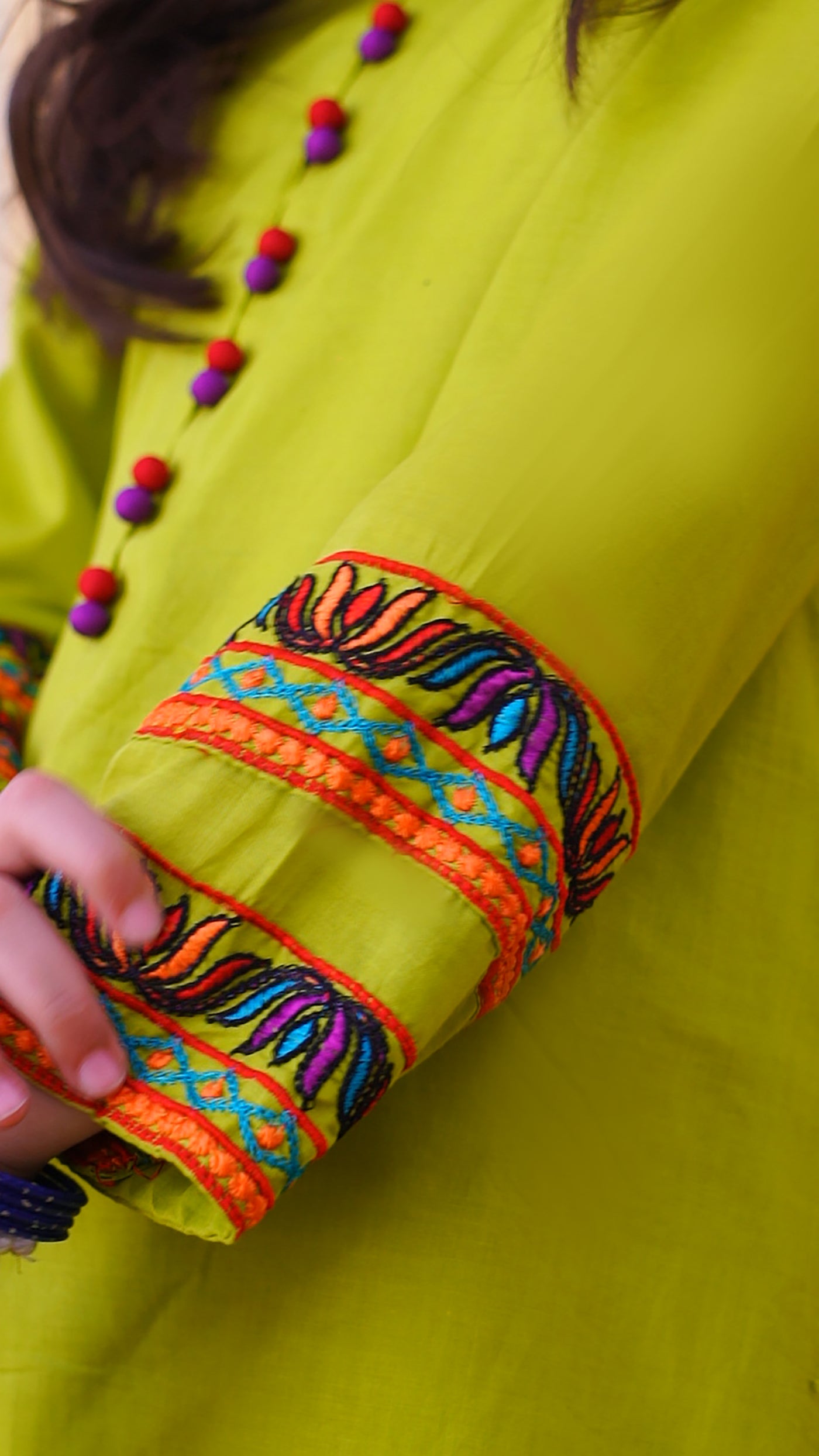 3 piece Dhani(Green) Embroidered Cotton Airline Frock Suit with Purple Chiffon Dupatta & Laces.(Stitch)