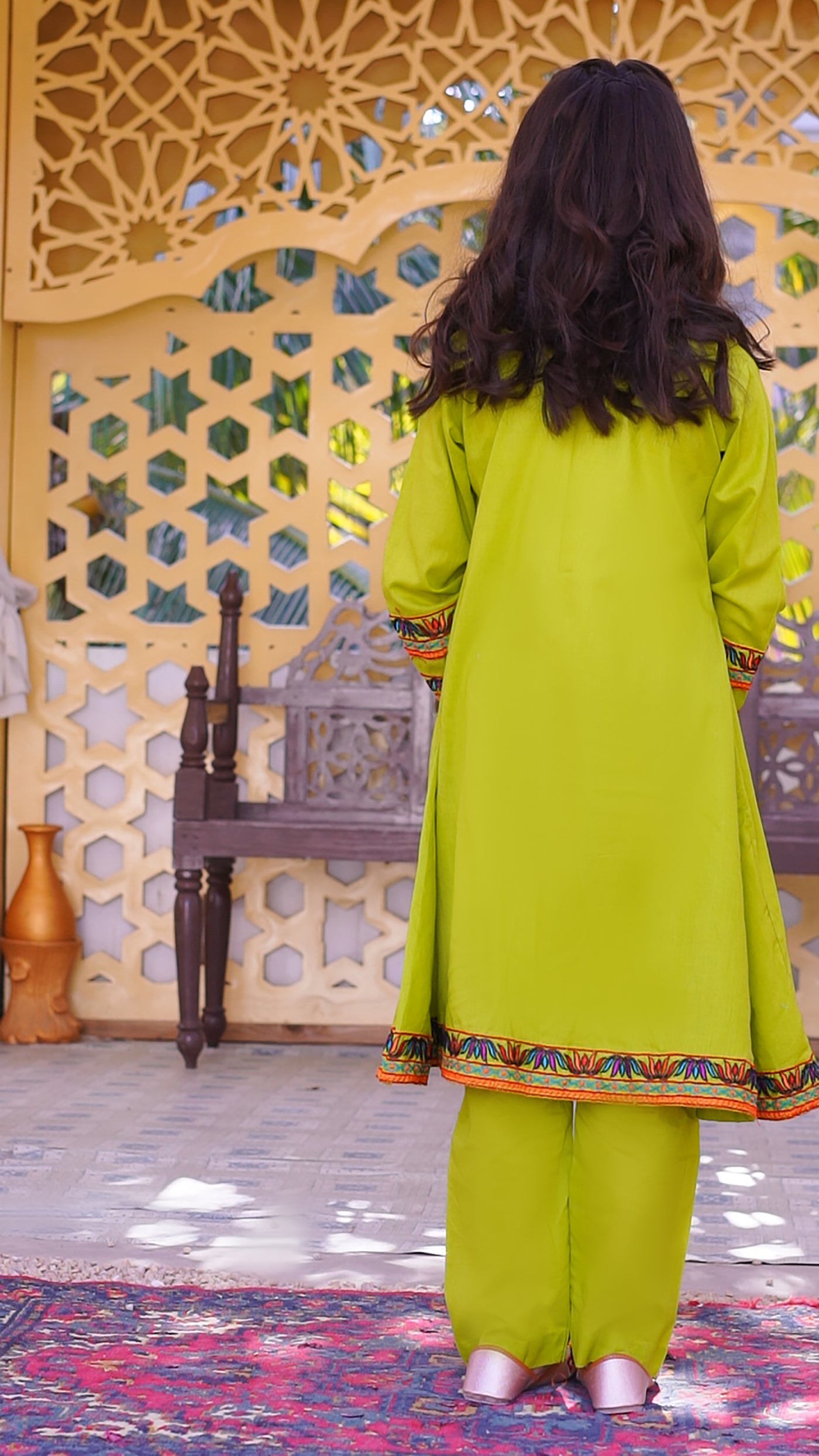 3 piece Dhani(Green) Embroidered Cotton Airline Frock Suit with Purple Chiffon Dupatta & Laces.(Stitch)