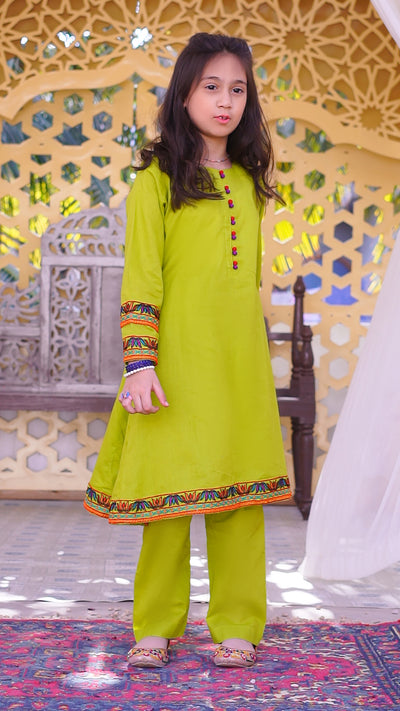 3 piece Dhani(Green) Embroidered Cotton Airline Frock Suit with Purple Chiffon Dupatta & Laces.(Stitch)