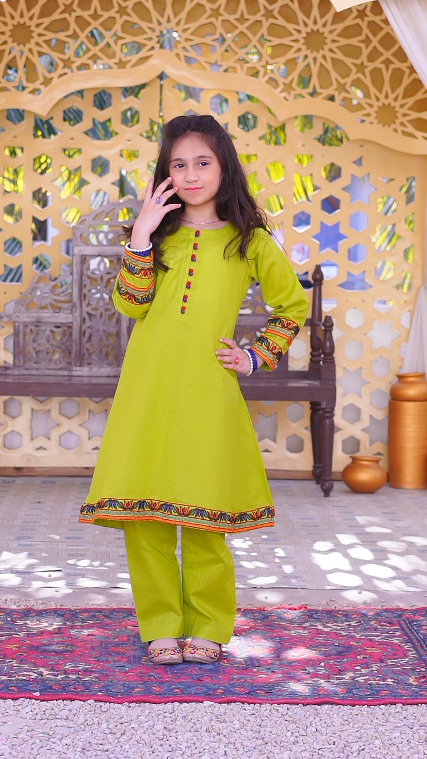 3 piece Dhani(Green) Embroidered Cotton Airline Frock Suit with Purple Chiffon Dupatta & Laces.(Stitch)