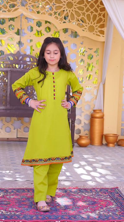 3 piece Dhani(Green) Embroidered Cotton Airline Frock Suit with Purple Chiffon Dupatta & Laces.(Stitch)
