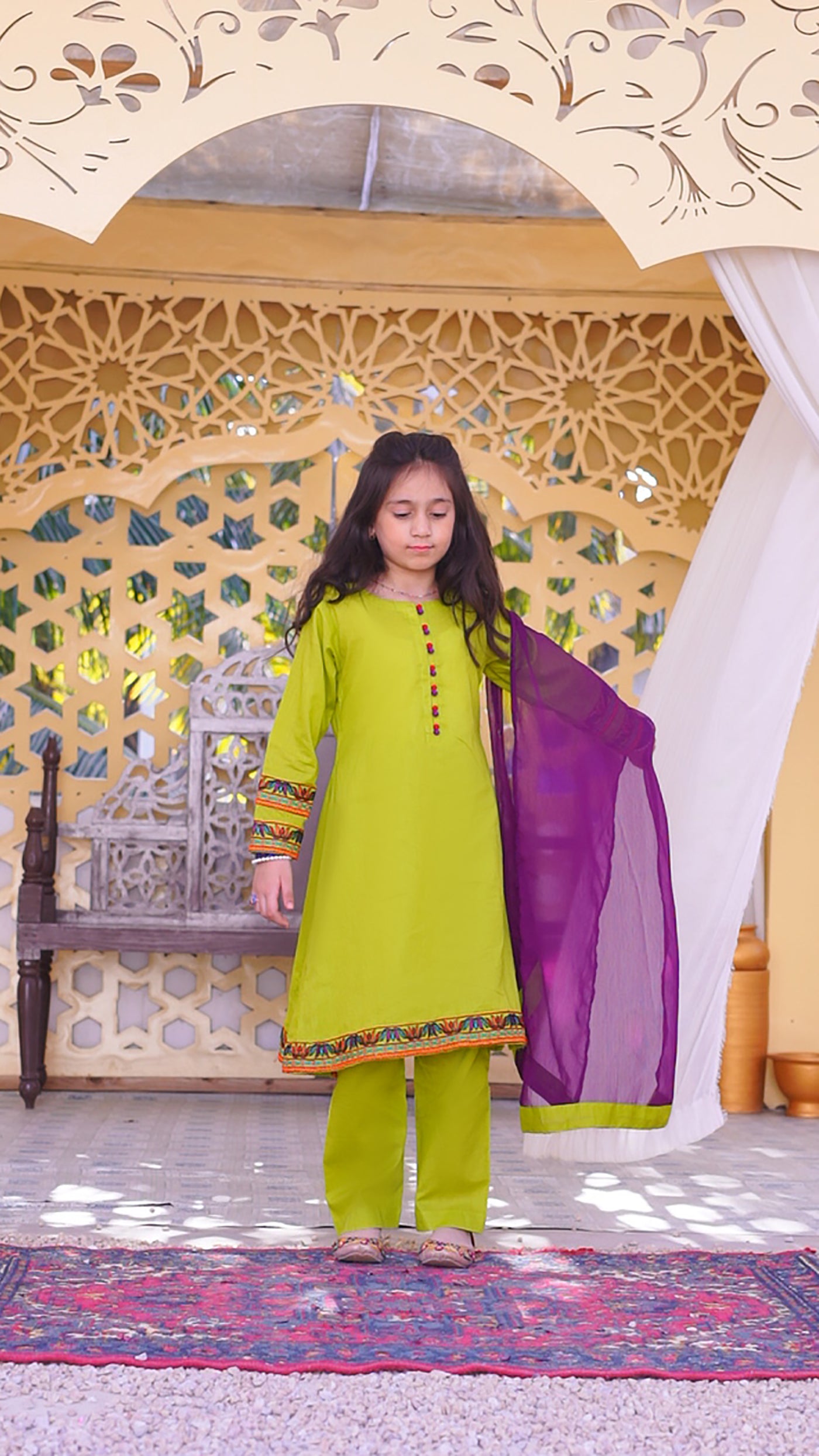 3 piece Dhani(Green) Embroidered Cotton Airline Frock Suit with Purple Chiffon Dupatta & Laces.(Stitch)