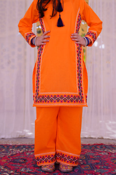 3 piece Orange Embroidered Cotton Palazzo Suit with Navy Blue Chiffon Dupatta & Laces.(Stitch)