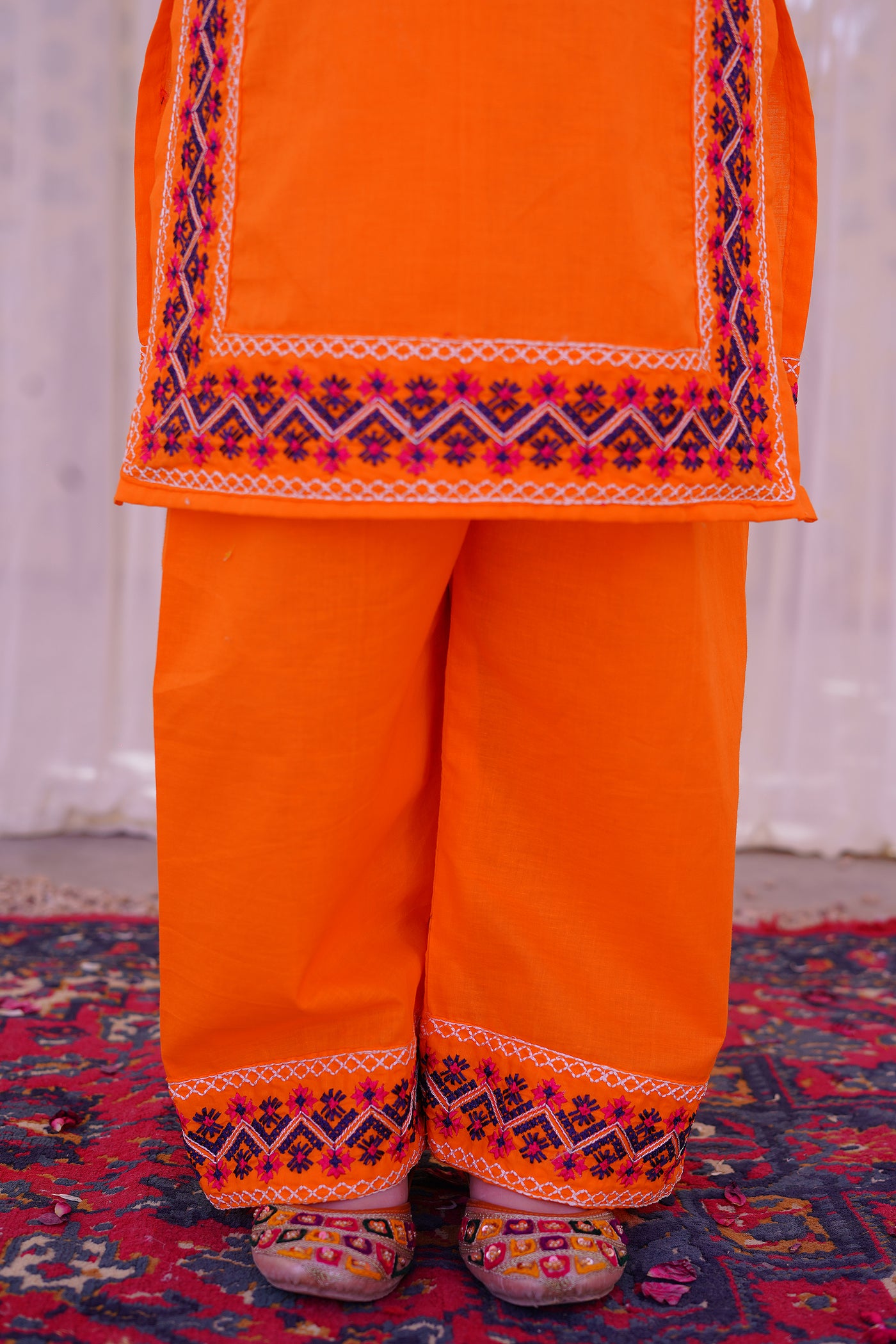 3 piece Orange Embroidered Cotton Palazzo Suit with Navy Blue Chiffon Dupatta & Laces.(Stitch)