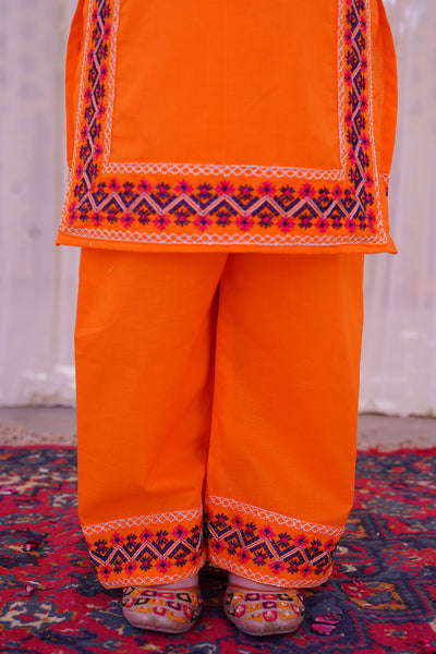 3 piece Orange Embroidered Cotton Palazzo Suit with Navy Blue Chiffon Dupatta & Laces.(Stitch)
