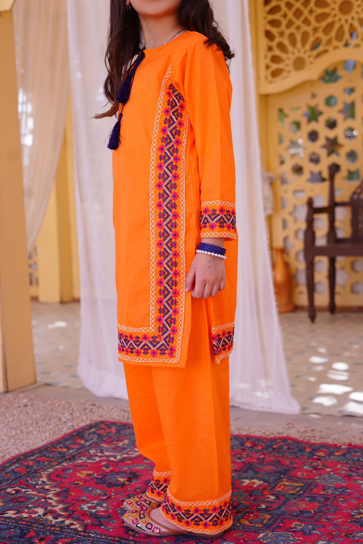 3 piece Orange Embroidered Cotton Palazzo Suit with Navy Blue Chiffon Dupatta & Laces.(Stitch)