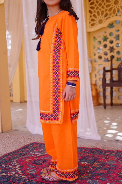 3 piece Orange Embroidered Cotton Palazzo Suit with Navy Blue Chiffon Dupatta & Laces.(Stitch)