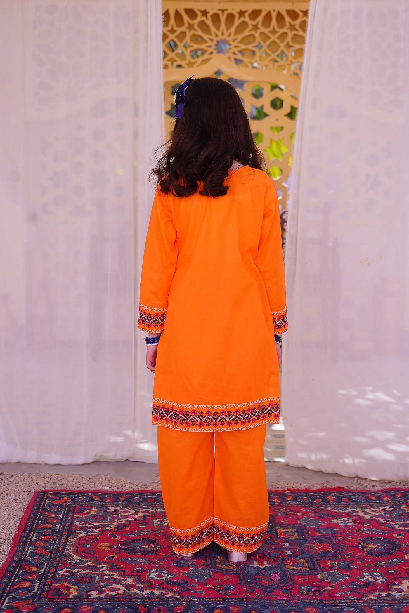 3 piece Orange Embroidered Cotton Palazzo Suit with Navy Blue Chiffon Dupatta & Laces.(Stitch)