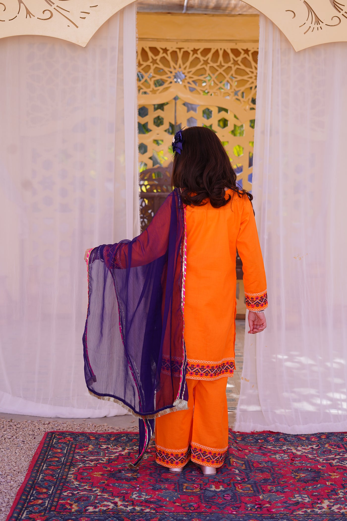3 piece Orange Embroidered Cotton Palazzo Suit with Navy Blue Chiffon Dupatta & Laces.(Stitch)