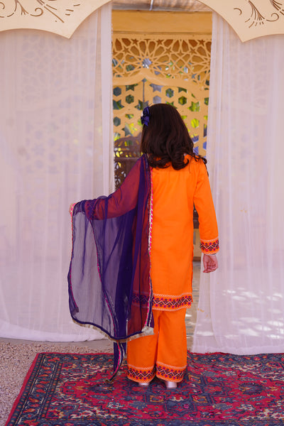 3 piece Orange Embroidered Cotton Palazzo Suit with Navy Blue Chiffon Dupatta & Laces.(Stitch)