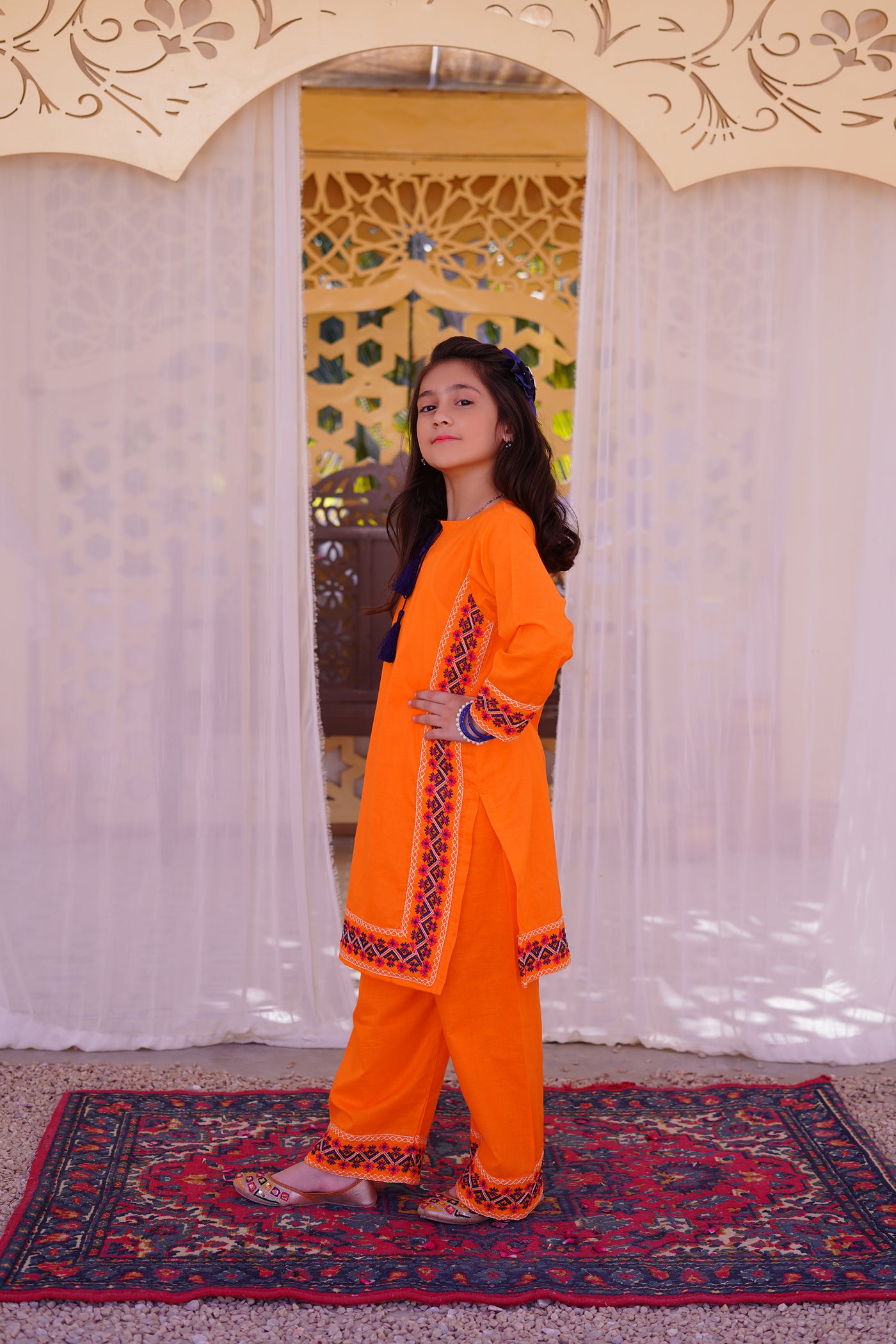 3 piece Orange Embroidered Cotton Palazzo Suit with Navy Blue Chiffon Dupatta & Laces.(Stitch)