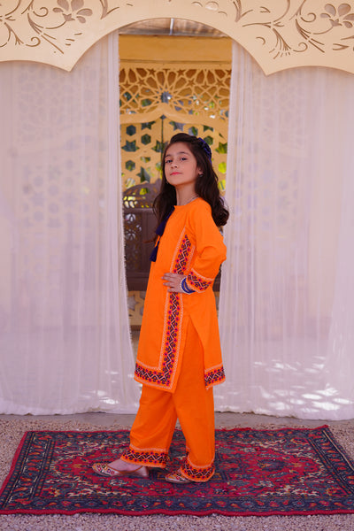 3 piece Orange Embroidered Cotton Palazzo Suit with Navy Blue Chiffon Dupatta & Laces.(Stitch)