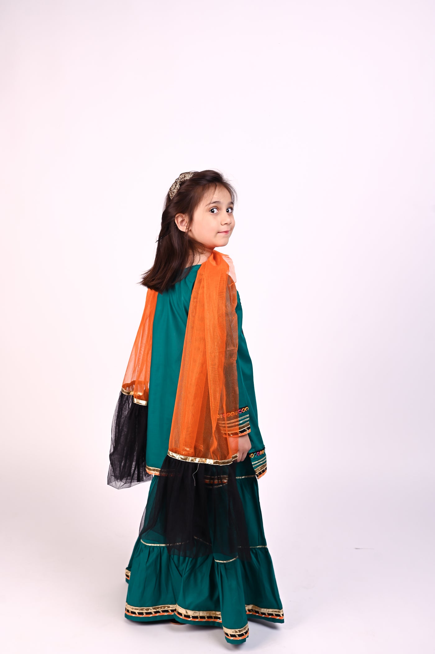 3 piece Sea Green Cotton Gharara Suit with Orange & Black frill net Dupatta & Multicolor Laces.(Stitch)