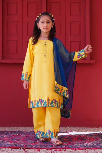 3 piece Yellow Embroidered Cotton Palazzo Suit with Sea Green Chiffon Dupatta & Laces.(Stitch)