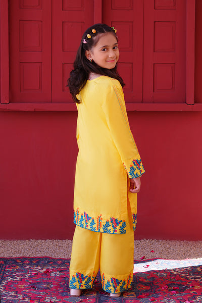 3 piece Yellow Embroidered Cotton Palazzo Suit with Sea Green Chiffon Dupatta & Laces.(Stitch)