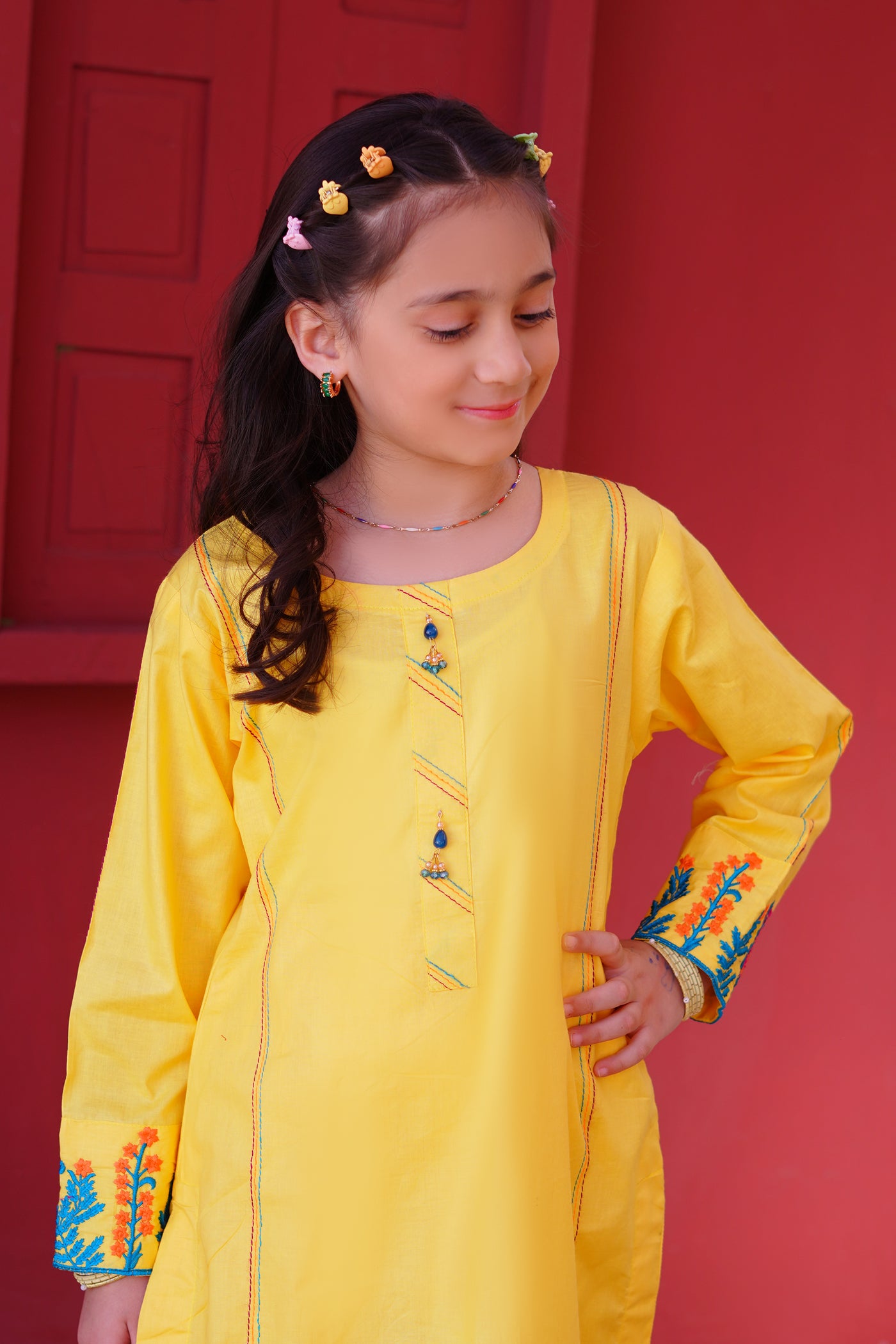 3 piece Yellow Embroidered Cotton Palazzo Suit with Sea Green Chiffon Dupatta & Laces.(Stitch)