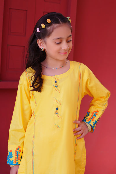 3 piece Yellow Embroidered Cotton Palazzo Suit with Sea Green Chiffon Dupatta & Laces.(Stitch)